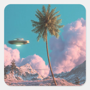 Surrealistisches UFO- und Palmenberg-Szenario Quadratischer Aufkleber