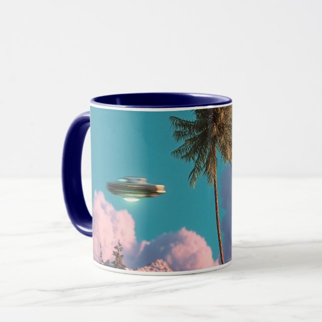 Surrealistisches UFO- und Palmenberg-Szenario Tasse (Vorderseite Links)