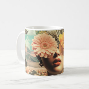 Surrealistisches weibliches Porträt mit Blumen, di Kaffeetasse