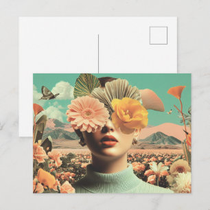 Surrealistisches weibliches Porträt mit Blumen, di Postkarte