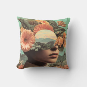 Surrealistisches weibliches Porträt mit floralen E Kissen