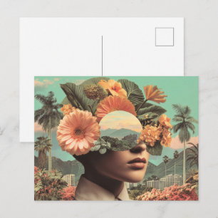 Surrealistisches weibliches Porträt mit floralen E Postkarte