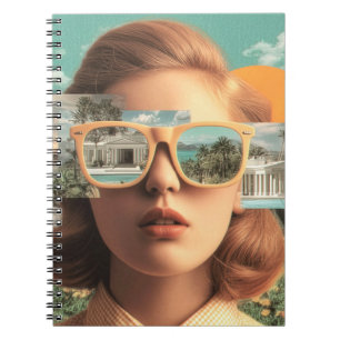 Surrealistisches weibliches Porträt mit retro Sonn Notizblock