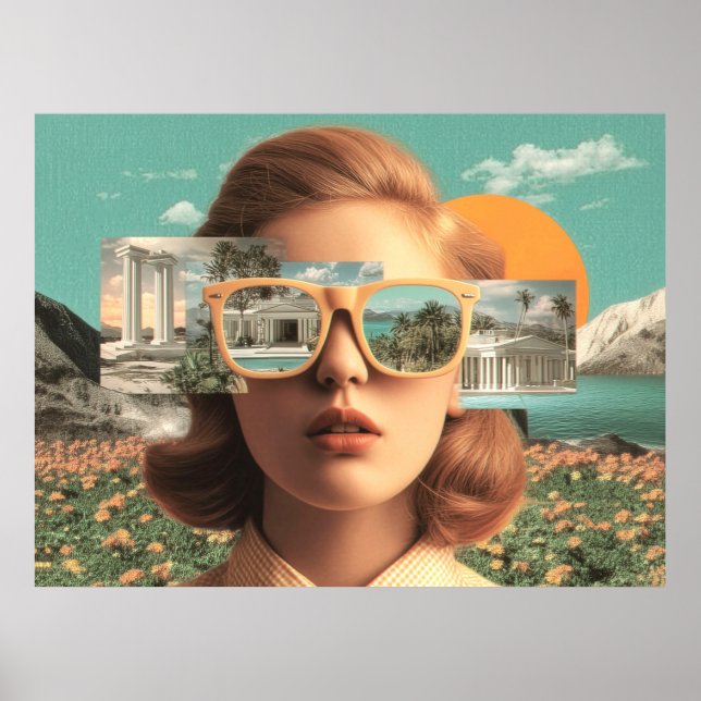 Surrealistisches weibliches Porträt mit retro Sonn Poster (Vorne)