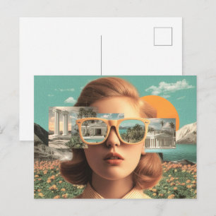 Surrealistisches weibliches Porträt mit retro Sonn Postkarte