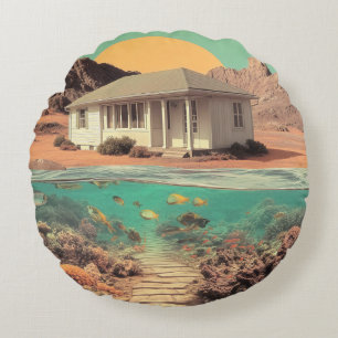 Surrealistisches Wüstenhaus mit Unterwasser-Riff Rundes Kissen