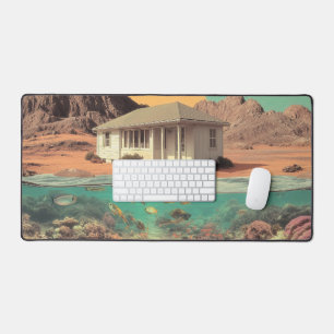 Surrealistisches Wüstenhaus mit Unterwasser-Riff Schreibtischunterlage