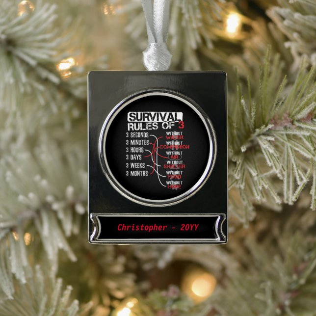 Survival Rules of Three - Wilderness Quiz Banner-Ornament Silber (Baum)