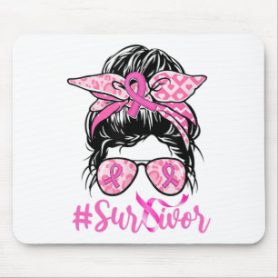 Survivor Messy Bun Pink Ribbon Leopard Breast Cana Mousepad