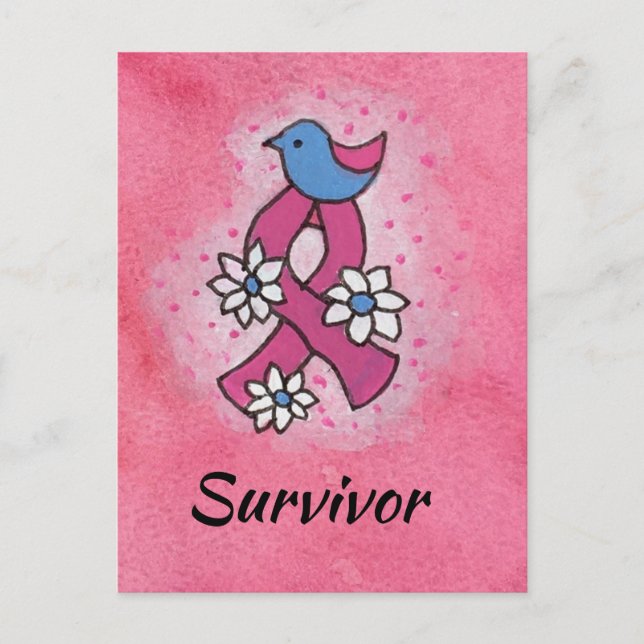 Survivor Rosa Brustkrebs Schleife Bird Blume Postkarte (Vorderseite)