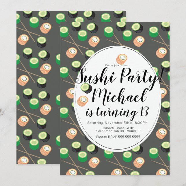 Sush Rolls Gray Birthday Hibachi Restaurant Einladung (Vorne/Hinten)