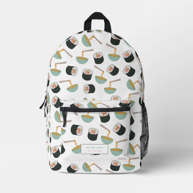 Sushi and Noodles Pattern Individuelle Name School Bedruckter Rucksack (Vorderseite)