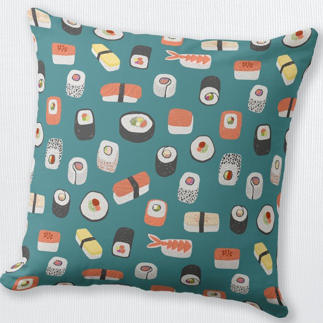 Sushi Aquamarin Green Kissen (Japanese sushi nigiri maki roll teal food art throw pillow)