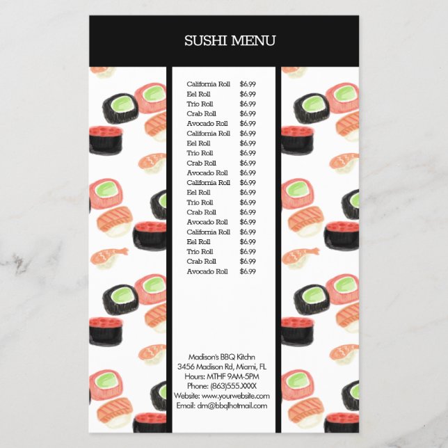 Sushi Asian Restaurant Watercolor Pattern Menu Flyer (Vorne)