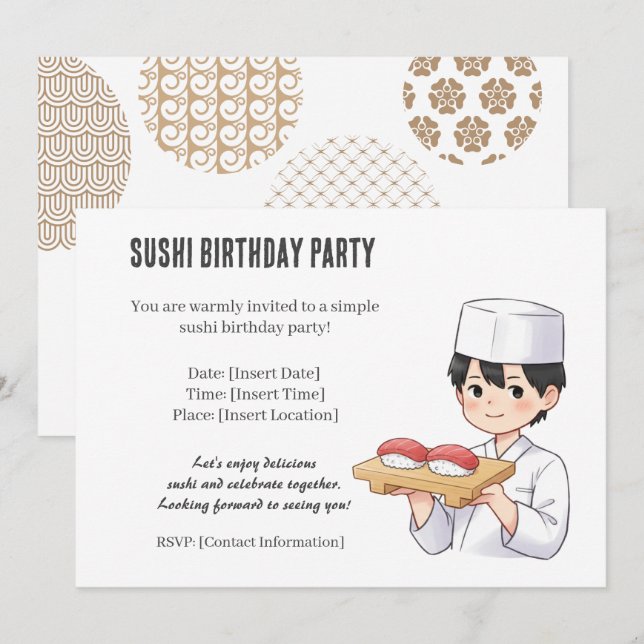 Sushi Birthday Party Invitation with Cute Anime  Einladung (Vorne/Hinten)