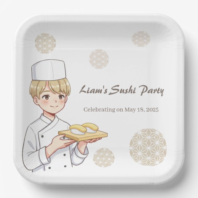 Sushi Birthday Party Invitation with Cute Anime  Pappteller (Vorderseite)