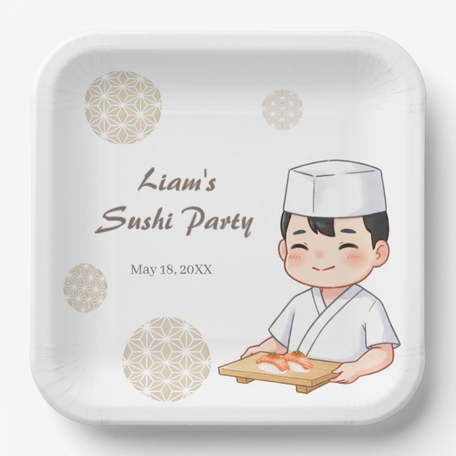 Sushi Birthday Party Invitation with Cute Anime  Pappteller (Vorderseite)