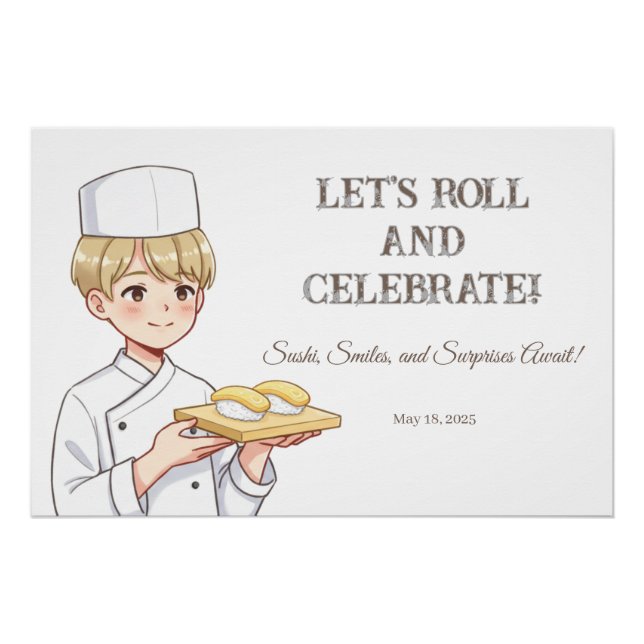 Sushi Birthday Party Invitation with Cute Anime  Poster (Vorderseite)