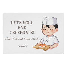 Sushi Birthday Party Invitation with Cute Anime  Poster