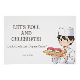 Sushi Birthday Party Invitation with Cute Anime  Poster