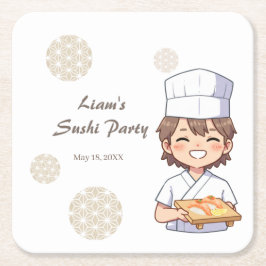 Sushi Birthday Party Invitation with Cute Anime  Rechteckiger Pappuntersetzer