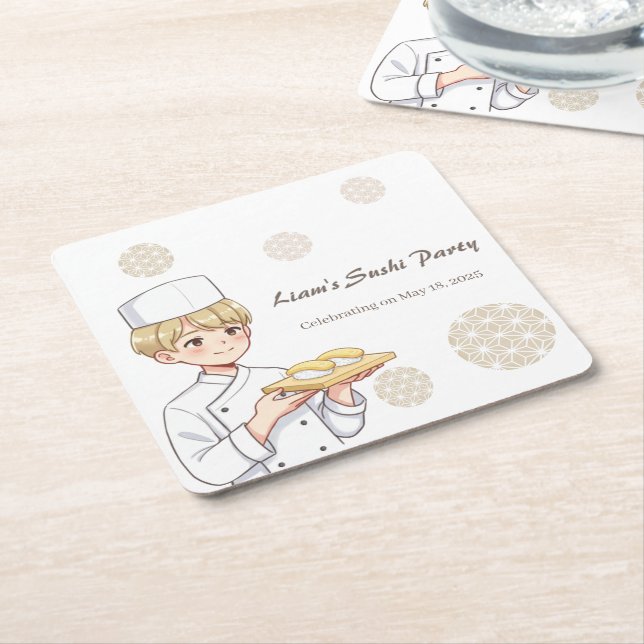 Sushi Birthday Party Invitation with Cute Anime  Rechteckiger Pappuntersetzer (angewinkelt)