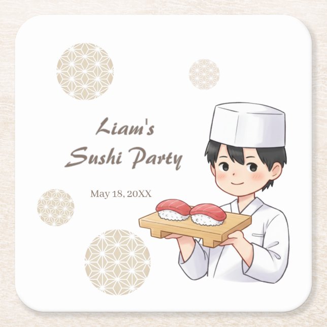 Sushi Birthday Party Invitation with Cute Anime  Rechteckiger Pappuntersetzer (Vorderseite)