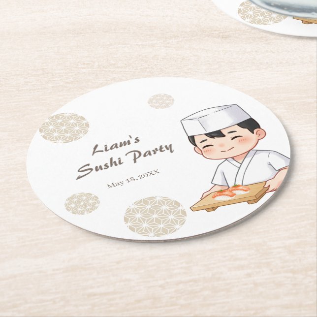 Sushi Birthday Party Invitation with Cute Anime  Runder Pappuntersetzer (Angewinkelt)