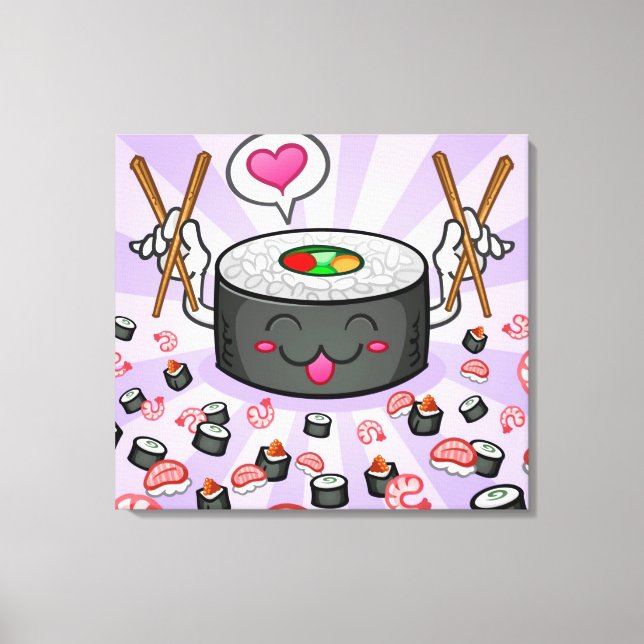 Sushi Cartoon Character Eating Lot of Shrimp Leinwanddruck (Vorderseite)