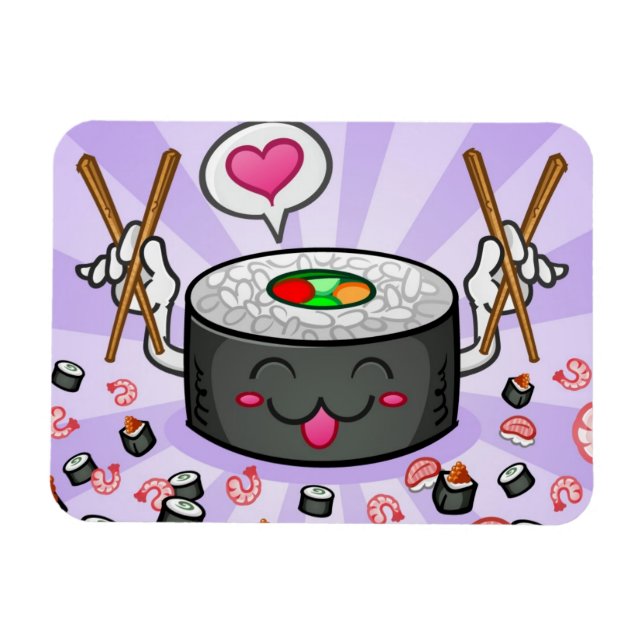 Sushi Cartoon Character Eating Lot of Shrimp Magnet (Horizontal)