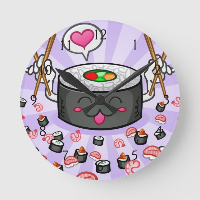 Sushi Cartoon Character Eating Lot of Shrimp Runde Wanduhr (Vorderseite)