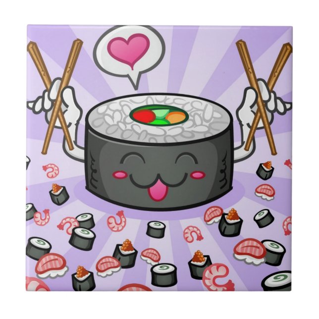 Sushi-Cartoon-Charakter, der Lose Garnele isst Fliese (Vorderseite)