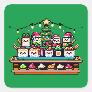 Sushi Christmas Celebration - festes 8-Bit Design Quadratischer Aufkleber