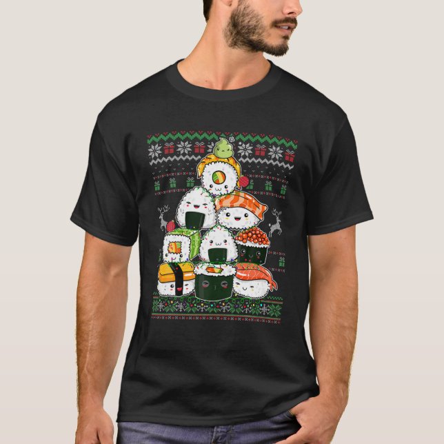 Sushi Christmas Tree Ugly Sweater Salmon Maki Wasa T-Shirt (Vorderseite)