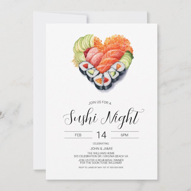 Sushi Einladung, Valentine, Verlobung, Abendessen Einladung (Vorderseite)