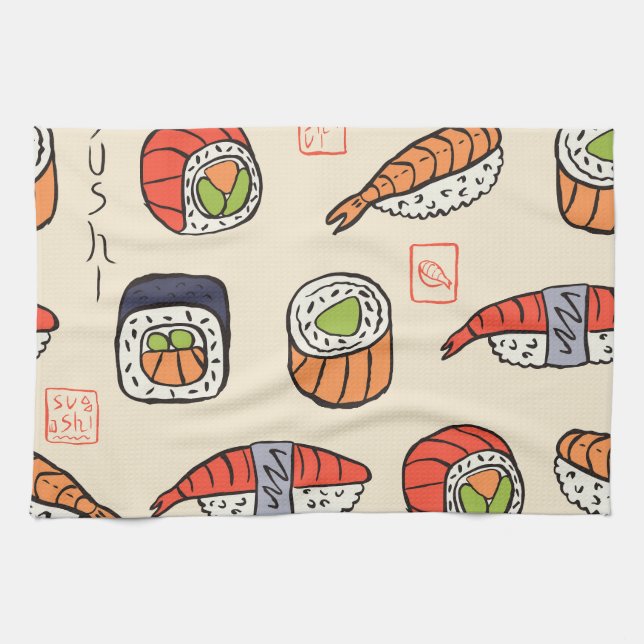 Sushi-Essen, nahtloses Muster-Design. Geschirrtuch (Horizontal)