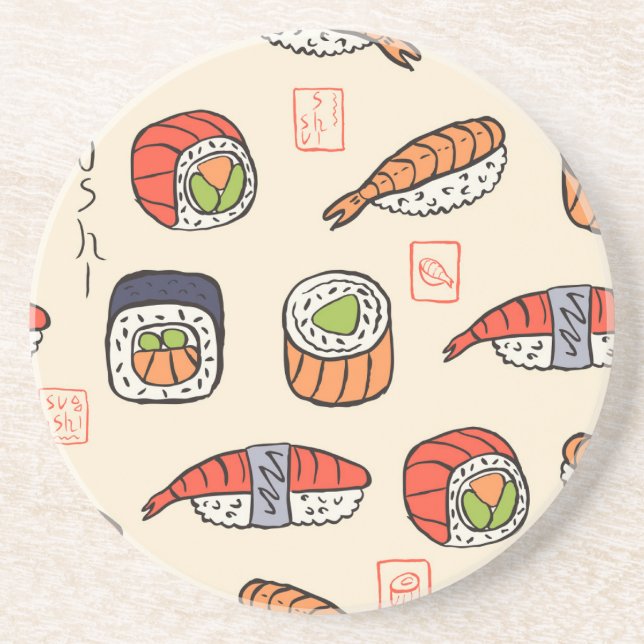 Sushi-Essen, nahtloses Muster-Design. Getränkeuntersetzer (Vorne)