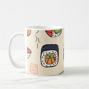 Sushi-Essen, nahtloses Muster-Design. Kaffeetasse