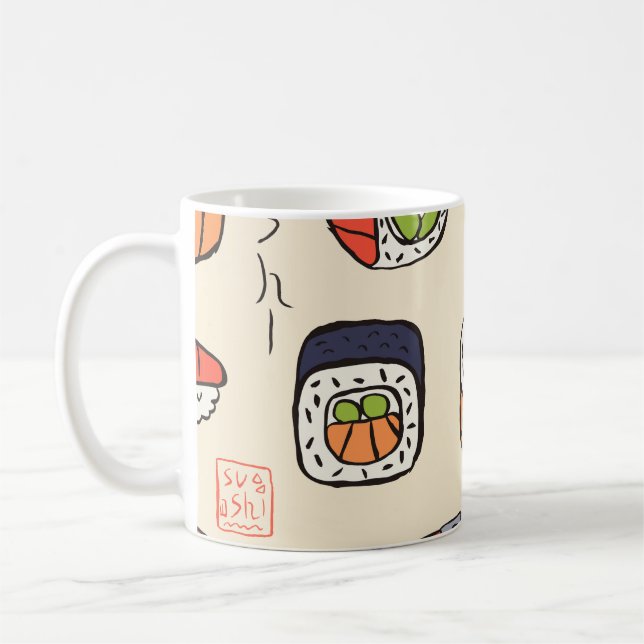 Sushi-Essen, nahtloses Muster-Design. Kaffeetasse (Links)