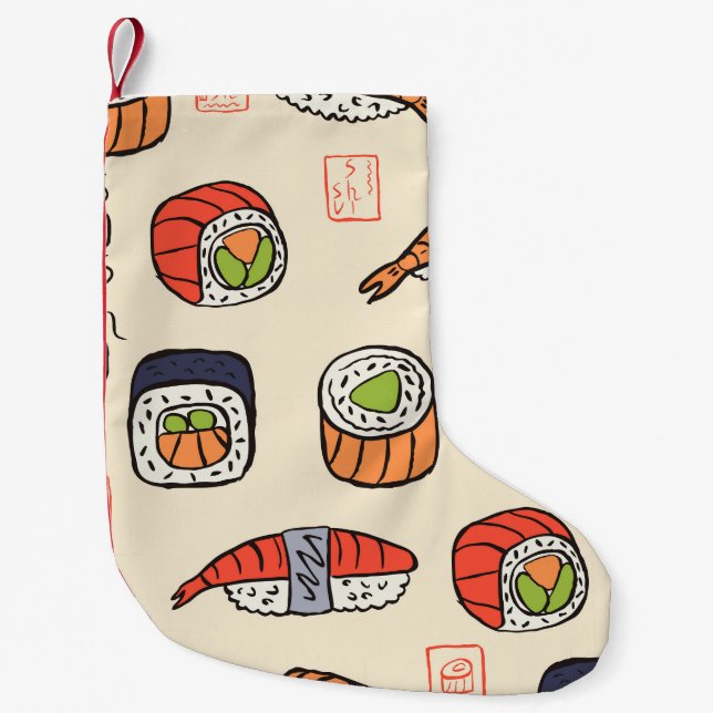 Sushi-Essen, nahtloses Muster-Design. Kleiner Weihnachtsstrumpf (Vorderseite)