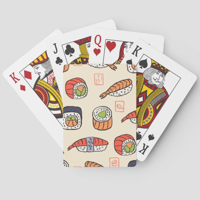 Sushi-Essen, nahtloses Muster-Design. Spielkarten (Rückseite)