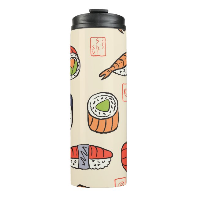 Sushi-Essen, nahtloses Muster-Design. Thermosbecher (Vorderseite)