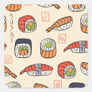 Sushi-Essen, nahtloses Musterdesign. Quadratischer Aufkleber