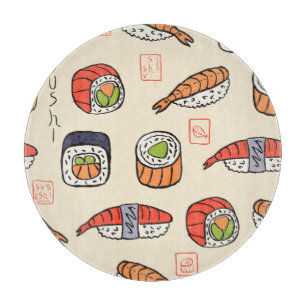 Sushi-Essen, nahtloses Musterdesign. Schneidebrett