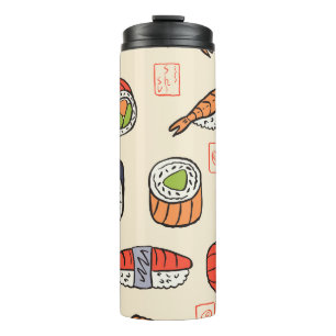 Sushi-Essen, nahtloses Musterdesign. Thermosbecher