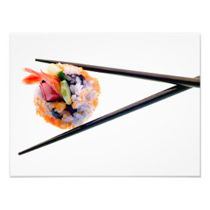 Sushi-Garnele-Rollenschwarz-Essstäbchen auf weiß Fotodruck