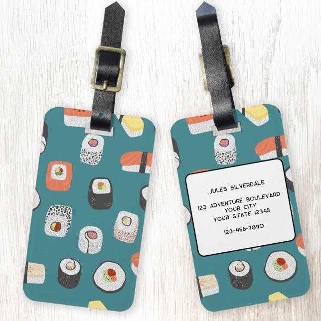 Sushi Japanese Food Art Individuelle Name Gepäckanhänger (Fun teal green Japanese sushi, sashimi and maki roll pattern luggage tag)