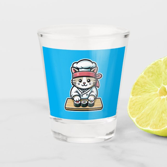 Sushi-Making Cat: Humorvolle Koch Kunst Schnapsglas (Vorderseite)