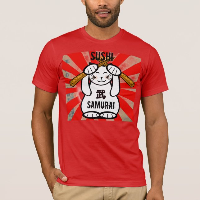 Sushi Maneki Neko Samurai T-Shirt (Vorderseite)