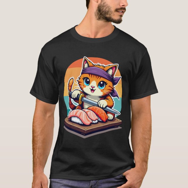 Sushi Master Cat mit Sunset mit Katana-Messer T-Shirt (Vorderseite)
